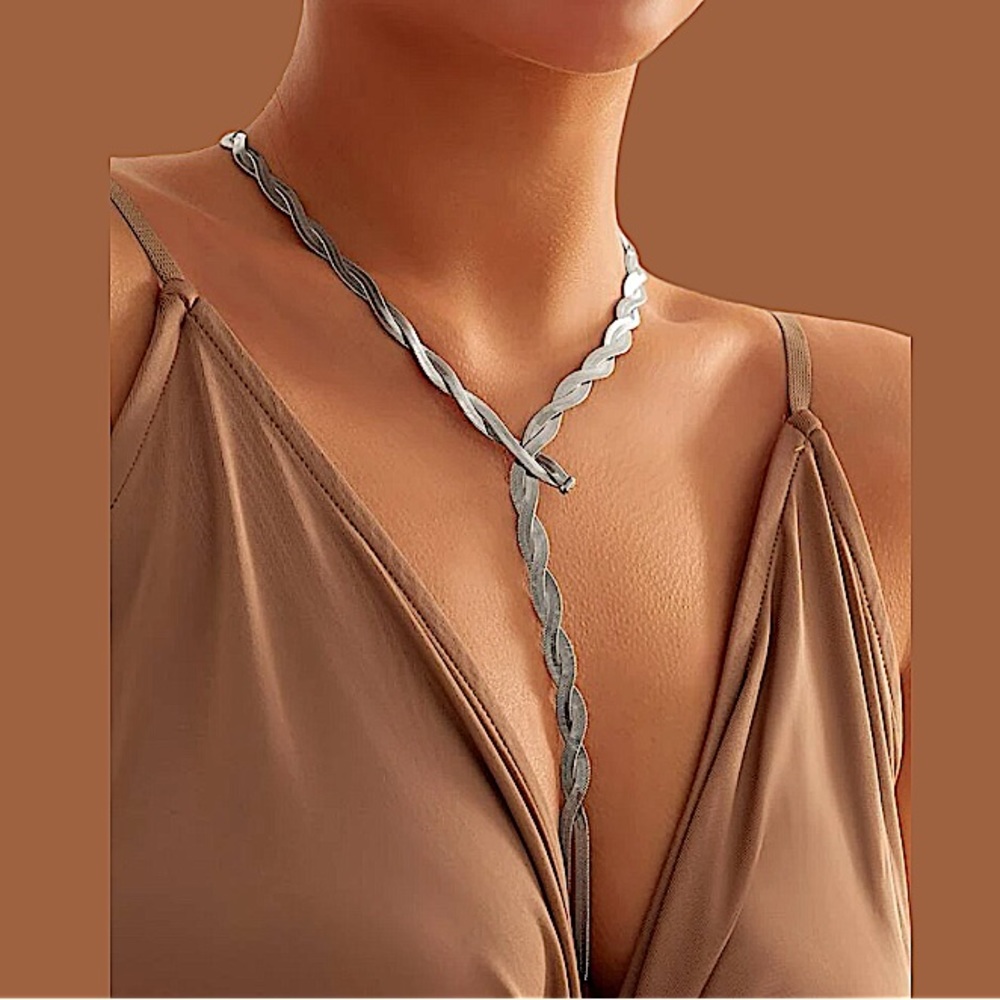 Y Lariat Sterling Silver Twisted Herringbone Statement Necklace Choker